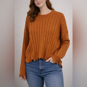 Rust Ribbed Knit Sweater M | Cozy Frayed Hem Rue21